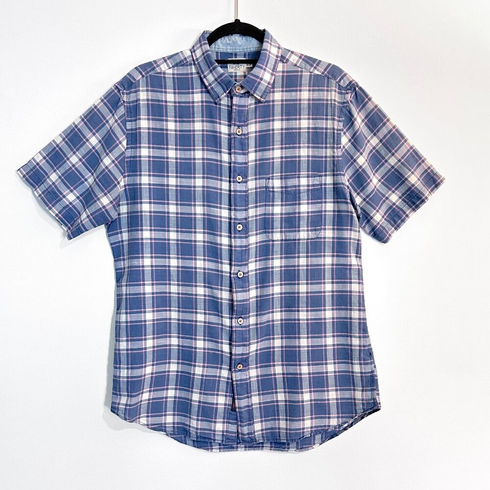 Faherty Brand Men's Indigo Cotton Short Sleeve Button Down Shirt, Size Medium